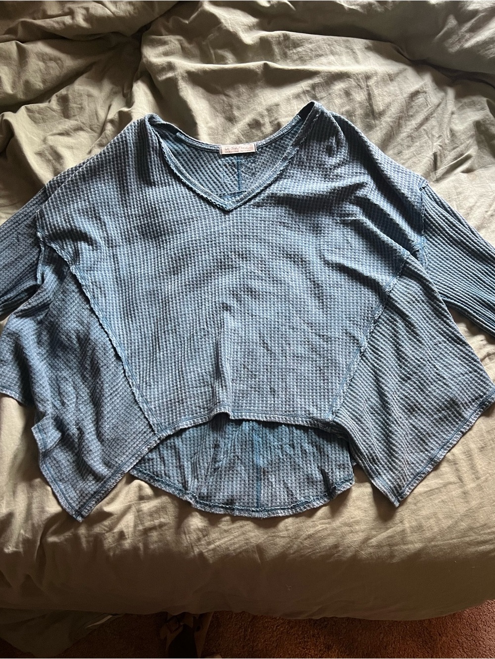 We The Free Washed Blue Waffle V-Neck Pullover